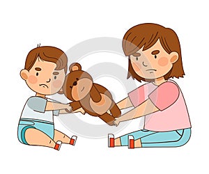 Warring Sister and Her Little Brother Pulling Teddy Bear Apart as Family Relations Vector Illustration