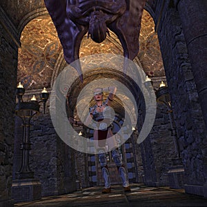 Warrior in armor and demon