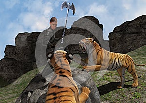 Warrior Battling Wild Beasts Illusration