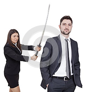 Warrior businesswoman hit businessman