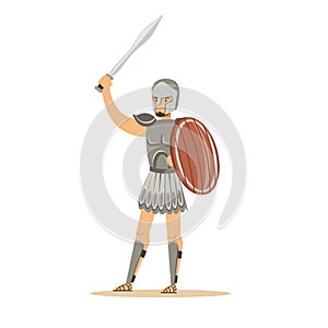 Warrior character, man in historical armor and helmet holding wooden shield and sword vector Illustration