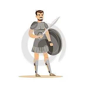 Warrior character, man in historical armor with sword and shield vector Illustration