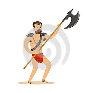 Warrior character, naked man in a red loincloth with poleaxe vector Illustration