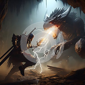 Warrior Confronts Lightning Dragon in Epic Showdown