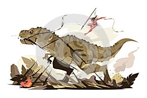 Warrior fighting with dinosaur