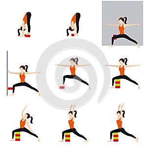 Warrior and forward fold yoga asanas set with props