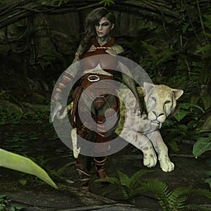 Warrior Girl with Sabre Tooth, 3D Illustration