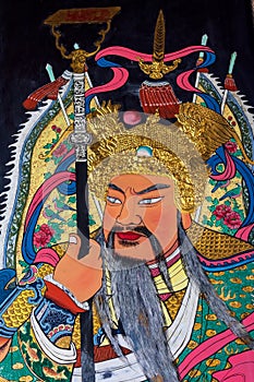 Warrior guardian of the painted doors of Han Jiang Ancestral Temple, taoist temple of Georgetown in Penang Malaysia