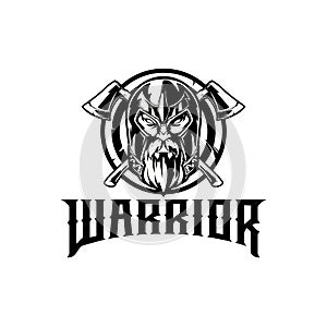 Warrior head with axe vector logo black and white