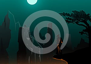 Warrior on the hilltop, Samurai on the mountain at night, Moon in dark sky