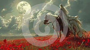 Warrior on Horseback in Poppy Field with Full Moon