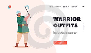 Warrior Outfit Landing Page Template. Viking Boy, Personage of Nordic Legends. Scandinavian Baby Wear Antique Dress