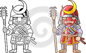 Warrior samurai, funny illustration coloring book