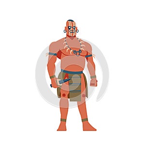 Warrior of South America, Mayan, Aztec or Inca. A strong aboriginal warrior with a knife Cartoon, flat vector