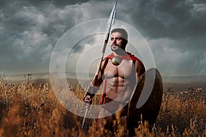 Warrior with sword and shield going in attack.