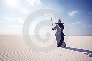 Warrior in traditional armor for kendo ready for a fight