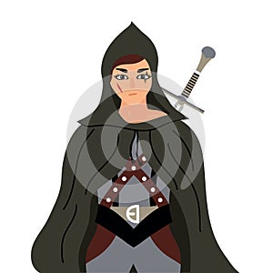 Warrior woman character with one sword behind the back. Girl knight in a hood is dressed in raincoat. Vector illustration