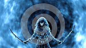 Warrior woman with two raised sabers