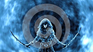 Warrior woman with two raised sabers photo