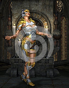 Warrioress in silver armor on golden Shrine