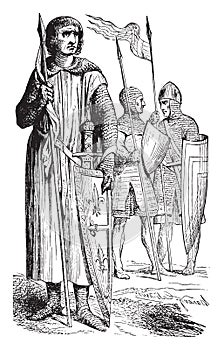 Warriors of the twelfth century, vintage engraving