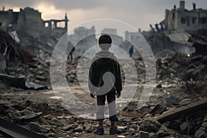 Wars aftermath Child stands before destroyed building in somber silence