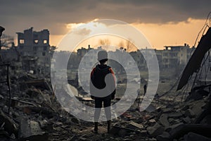 Wars aftermath Child stands before destroyed building in somber silence