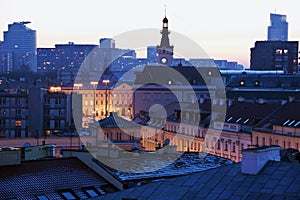 Warsaw architecture at sunset