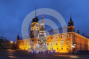 Warsaw, Castle Square during the Christmas holidays at night