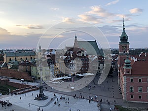 Warsaw Castle Square panorama at beautiful sunset with colorful sky, Warsaw old town, Poland