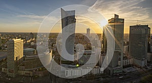 Warsaw city with modern skyscraper at sunset
