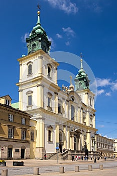 Warsaw, Poland - Front view of the baroque Holy Cross Church, at the Krakowskie Przedmiescie street in the Old Town quarter of