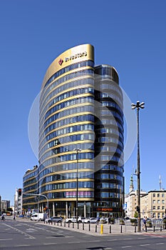 Warsaw, Poland - Zebra Tower office building in Warsaw central district at Jazdy Polskiej roundabout