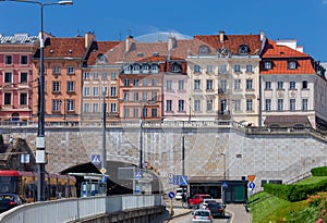 Warsaw. Multi-colored facades of old houses in the city center.