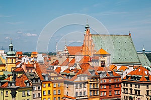 Warsaw old town cathedral and Castle square houses in Warsaw, Poland