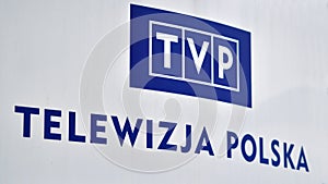 Warsaw, Poland. 29 December 2023. Signage on the building facade. TVP Telewizja Polska (Polish Television).