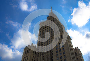 Warsaw, Poland. Aerial view Palace of Culture and Science and downtown business skyscrapers, city center.