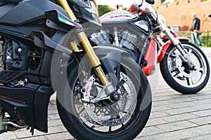 Detail view of the ducati streetfighter v4 motorcycle