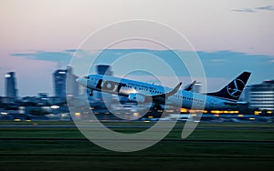 Warsaw, Poland - 18.06.2022: Aircraft LOT Airlines taking off at Chopin airport.
