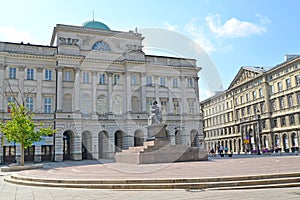 WARSAW, POLAND. Building of the Polish academy of Sciences Stashits`s palace and monument to Nicolaus Copernicus photo