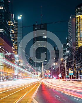 Warsaw, Poland - a cityscape of a business part of the city. Offices in Warsaw. Long exposure light trails