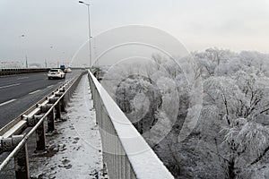 Warsaw, Poland - December 14, 2021: Bridge, road and trees covered with frost. Winter city weather, a picturesque picture of the