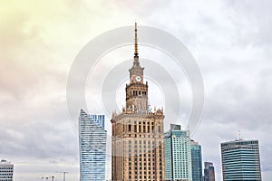 Warsaw, Poland - 08 December 2018: Aerial view Palace of Culture and Science and downtown business skyscrapers, city center,