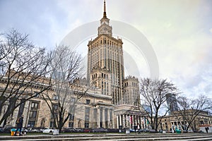Warsaw, Poland - 08 December 2018: Aerial view Palace of Culture and Science and downtown business skyscrapers, city center,