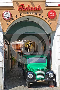 WARSAW, POLAND. Entrance to beer restaurant `Podwale Kompania Piwna`. Polish text `Cellar beer company`