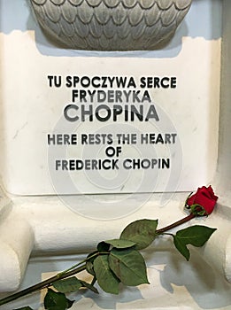 WARSAW, POLAND, February 02 2020: Title at marble plate where resists heart of Frederic Chopin at Church of The Holy Cross