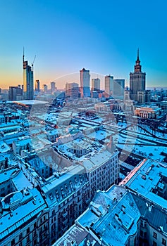 WARSAW, POLAND - JANUARY 31, 2021: Beautiful panoramic aerial drone view on Warsaw City Skyscrapers, PKiN, and Varso Tower under photo