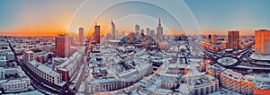 WARSAW, POLAND - JANUARY 31, 2021: Beautiful panoramic aerial drone view on Warsaw City Skyscrapers, PKiN, and Varso Tower under photo