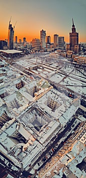 WARSAW, POLAND - JANUARY 31, 2021: Beautiful panoramic aerial drone view on Warsaw City Skyscrapers, PKiN, and Varso Tower under photo