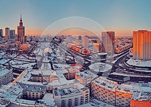 WARSAW, POLAND - JANUARY 31, 2021: Beautiful panoramic aerial drone view on Warsaw City Skyscrapers, PKiN, and Varso Tower under photo